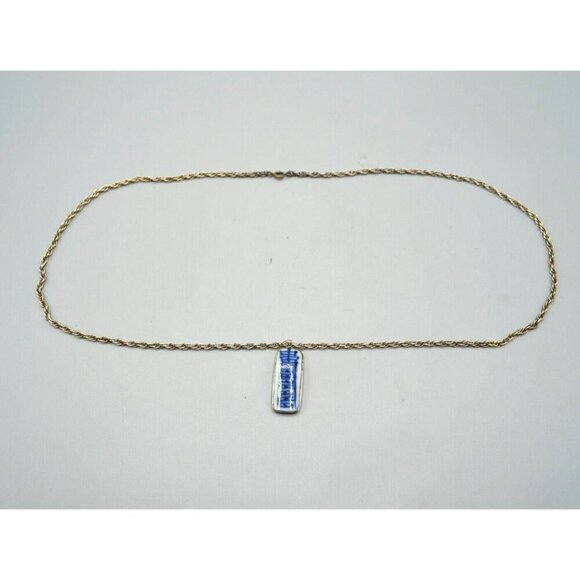 Blue & White Bar Pendant Rope Chain Necklace Sterling Silver 15.5" Chinese Asian - Picture 2 of 11